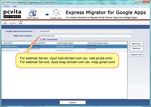 Account information addition wizard in IMAP to Google Apps software